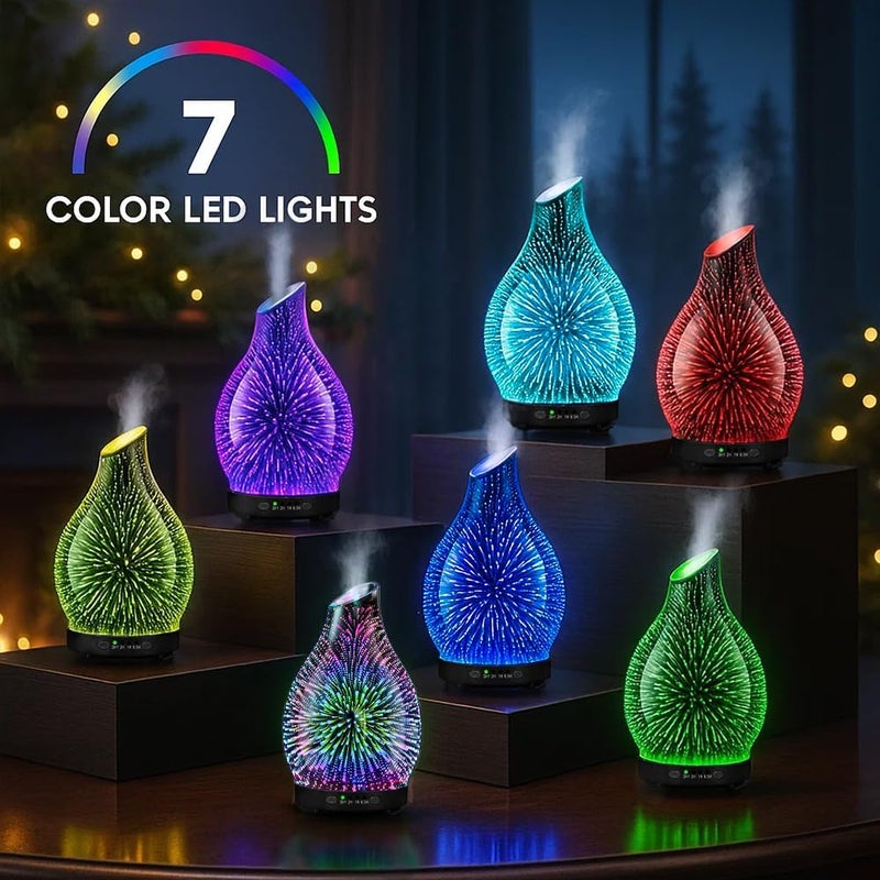 JOYOLO 120ML Essential Oil Diffuser, 3D Glass Aromatherapy Diffuser with Auto Shut-Off and 7 Color LED Lights, Ultrasonic Mist Humidifier with 4 Timer for Home Office Bedroom (3D Fireworks) - Image 4